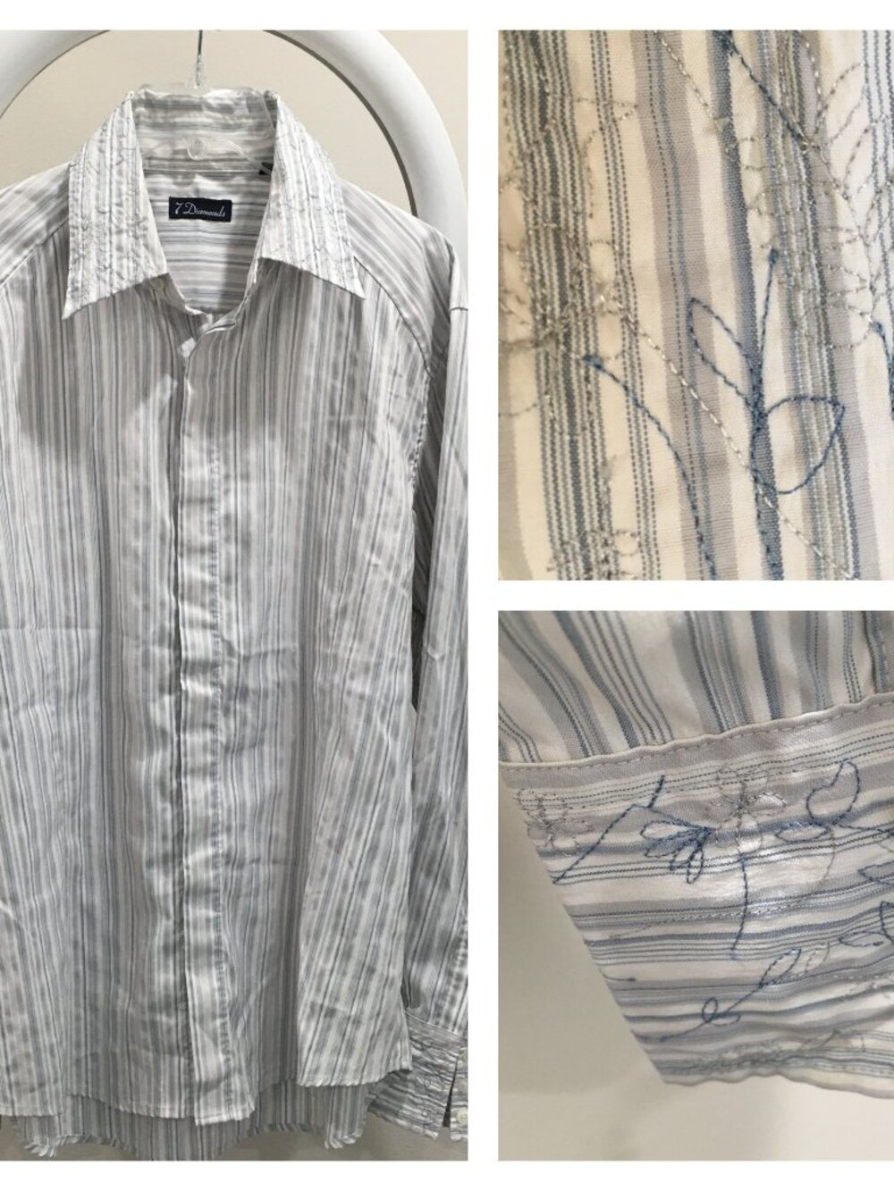 7 DIAMONDS White Blue Gray Striped Embroidery Hidden Logo Button Shirt